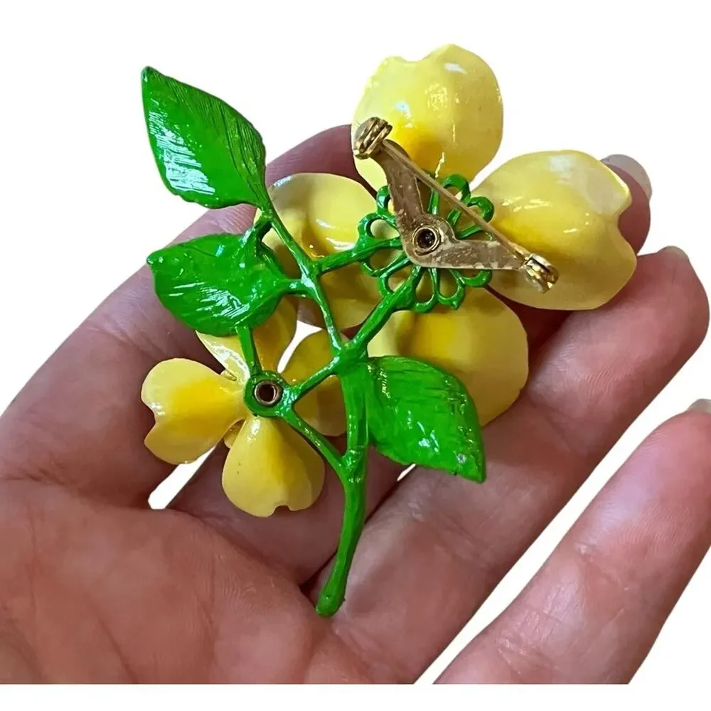 Vintage Dogwood brooch Pin Celluloid Yellow Double flower 2.75” Tall